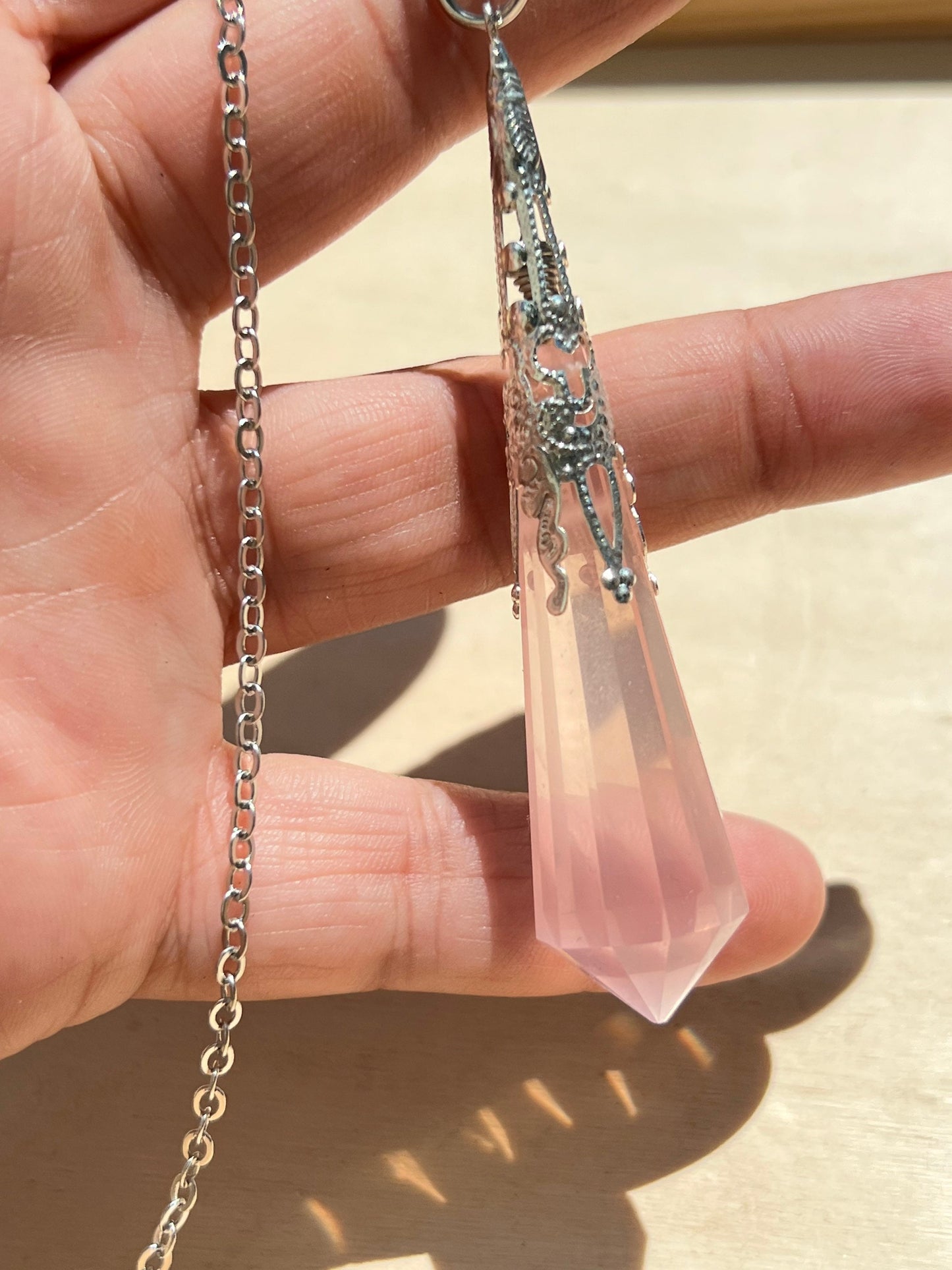 Stunning Rose Quartz Vogel Pendulum | Dowsing Crystal | Silver Chain Pendulum