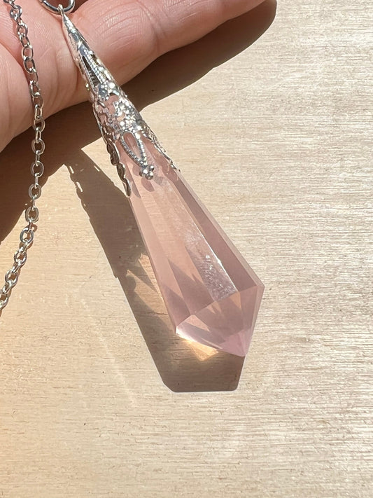 Stunning Rose Quartz Vogel Pendulum | Dowsing Crystal | Silver Chain Pendulum