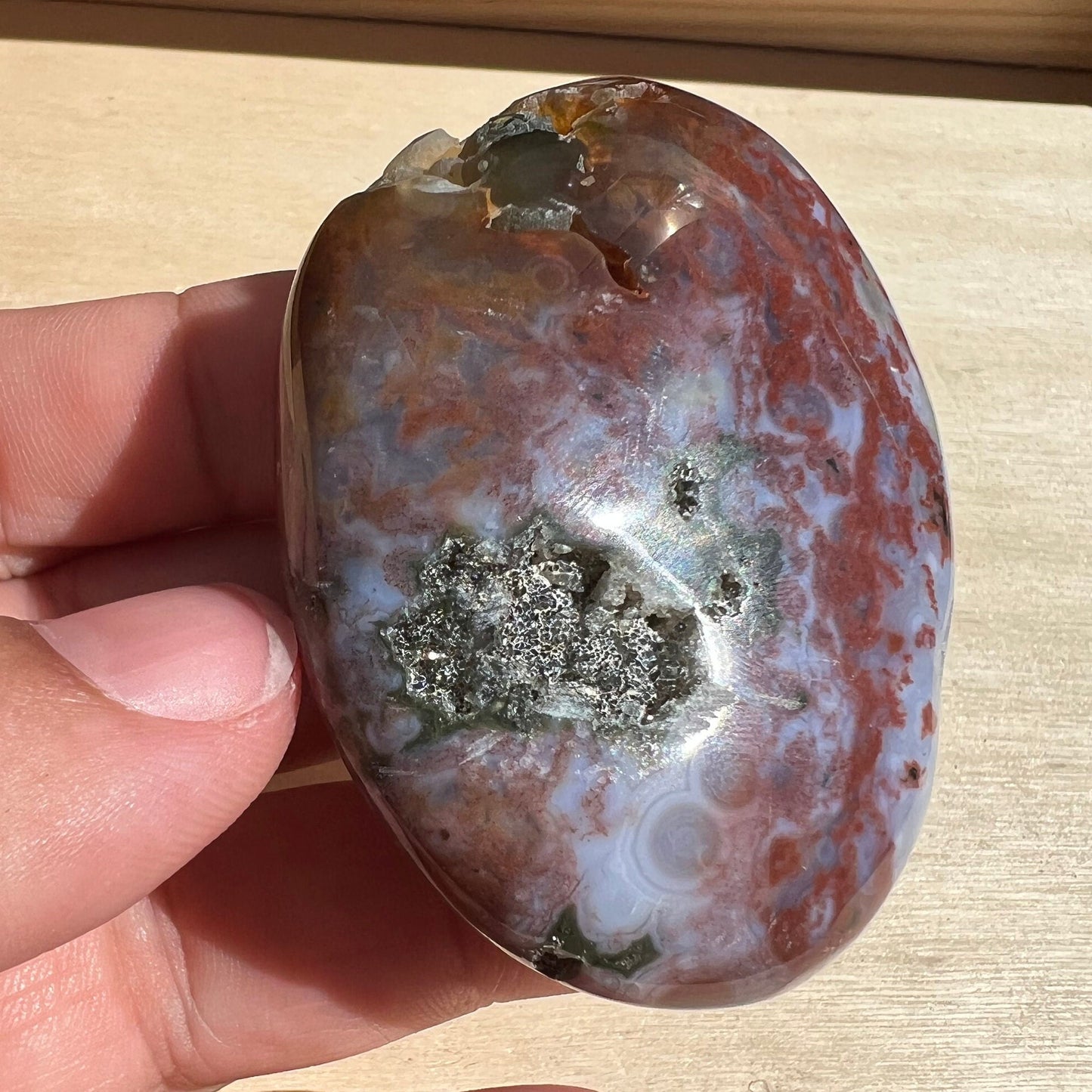 Rare Botryoidal 8th Vein Ocean Jasper Palmstone with Large Druzy | Ocean Jasper pocket Stone