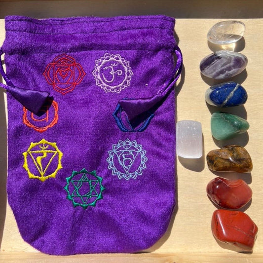 XL 8 Tumble Crystal Chakra Set with Matching Pouch and Selenite | High Quality 8 Tumble Crystal Starter Kit Info Card Included