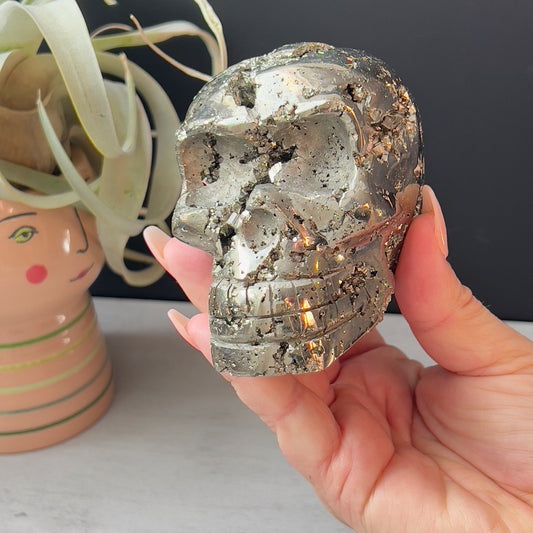 XL PYRITE SKULL with Cubic Formations | High Quality Pyrite Carving from Peru | Unique Crystal Home Decor