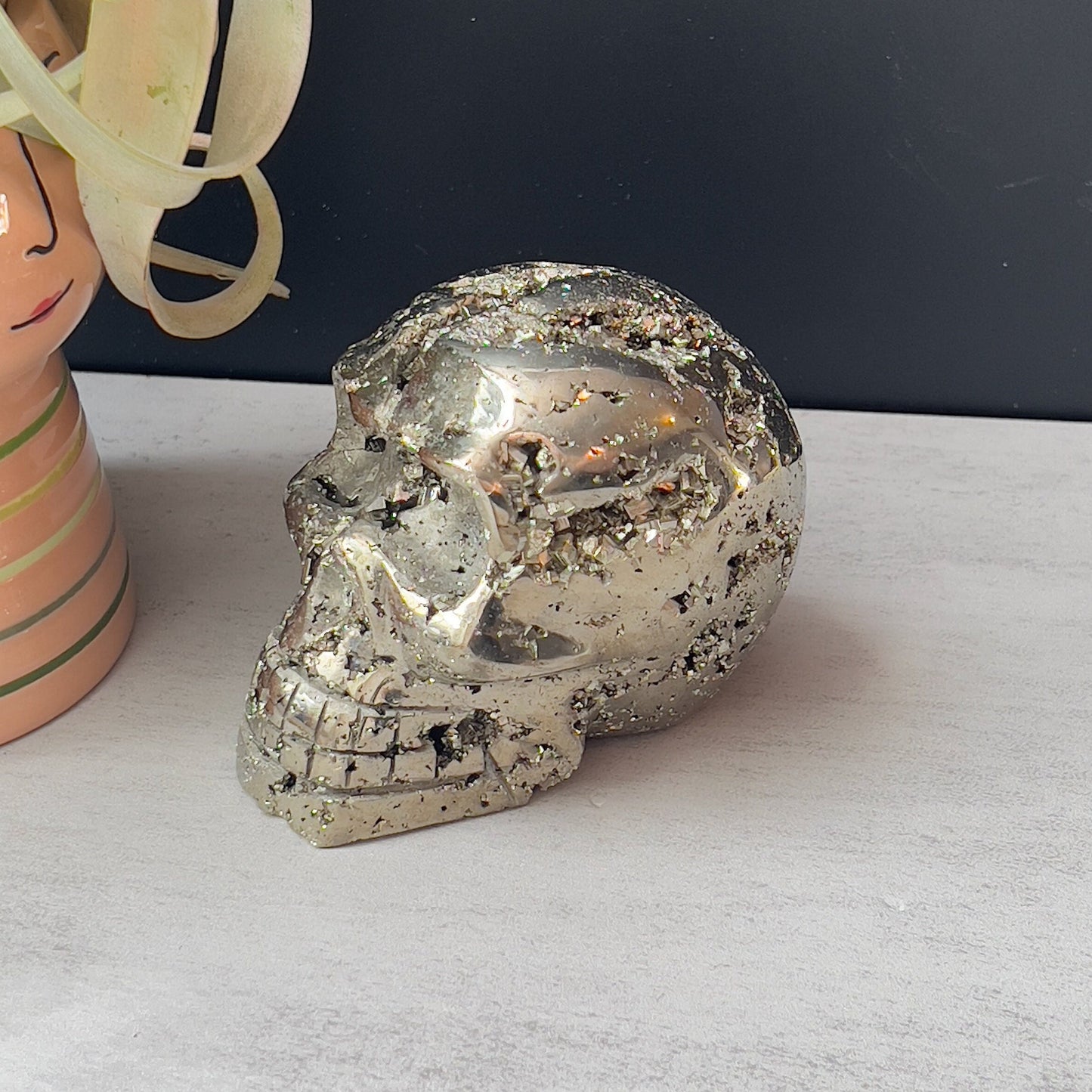 XL PYRITE SKULL with Cubic Formations | High Quality Pyrite Carving from Peru | Unique Crystal Home Decor